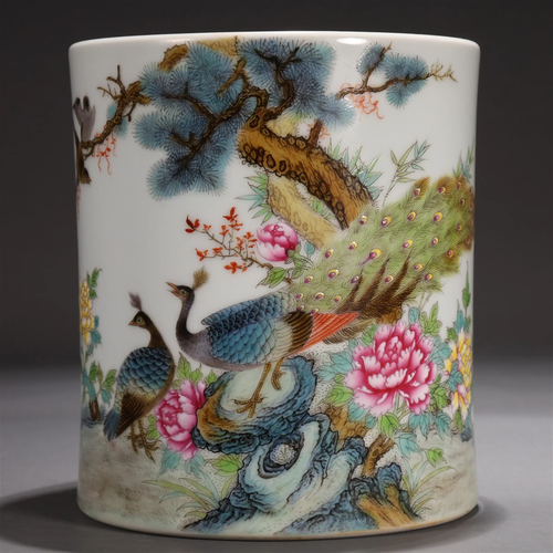 An Enameled 'Peacock, Flower, Poem' Brush Pot