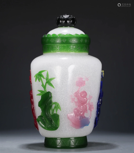 A Multi-Color Overlay White Glass 'Figure' Jar And...
