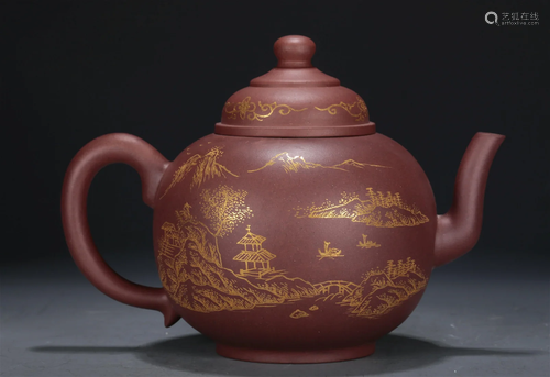 A Yixing Clay Gilded 'Landscape' Ewer With Poem In...