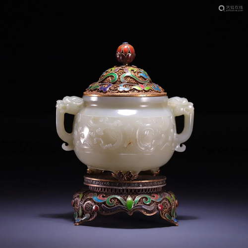 A Marvelous Hetian Jade Gilt Filigree-Inlaid Censer