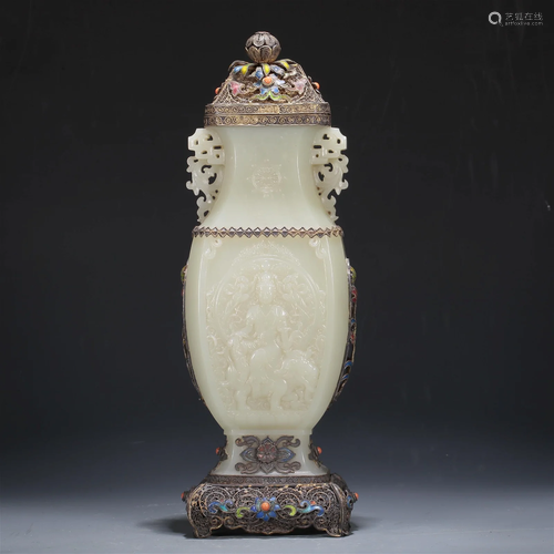 A White Jade Silver-Mounted Blueing 'Bodhisattva' ...