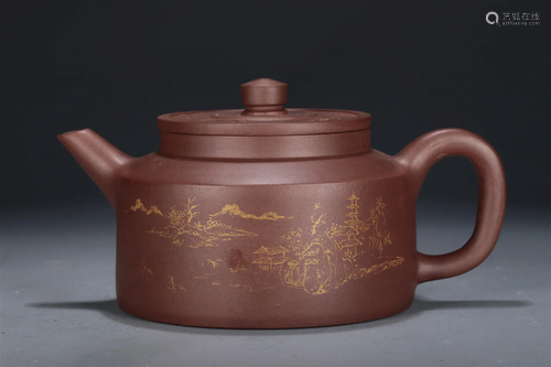 A Yixing Clay Gilded 'Landscape' Ewer