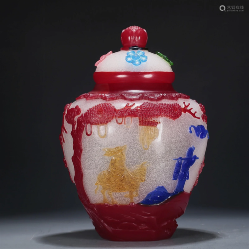 A Multi-Color Overlay White Glass 'Flower, Bird, Figure...