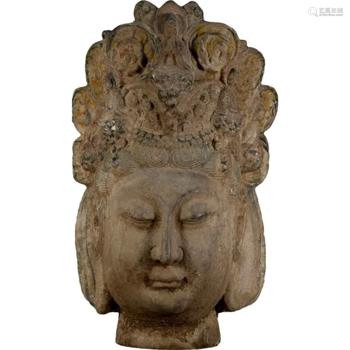 A Stone Polychrome-Painted Head Of Bodhisattva