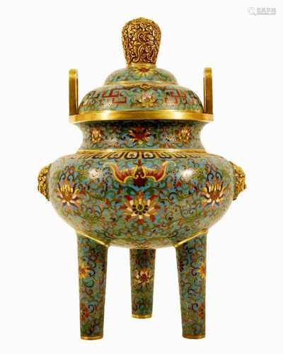 A Cloisonne 'Scrolling Lotus' Tripod Censer