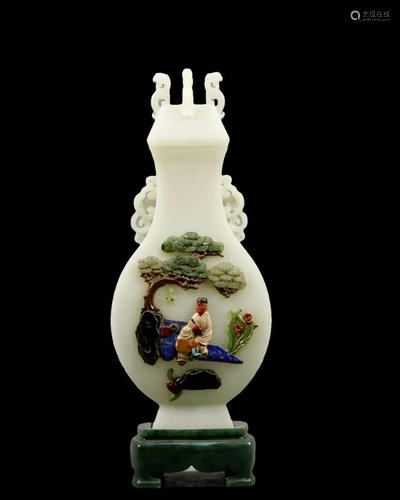 A White Jade Hardstone-Embellished Vase With A Jasper Stand