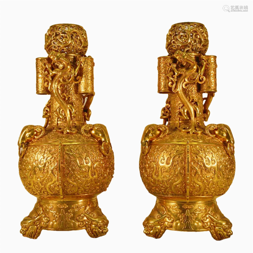 A Pair Of Gilt-Bronze 'Dragon' Vases