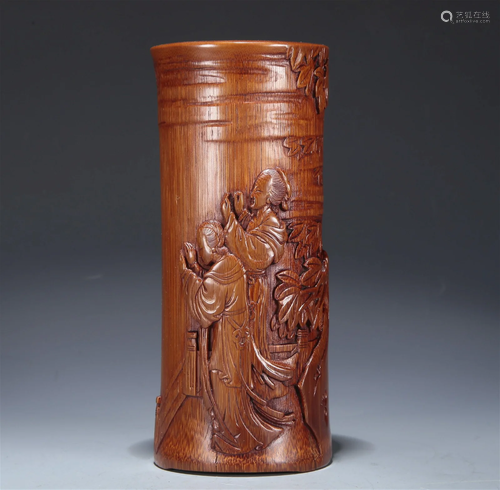 A Bamboo 'Attendant Girl' Brush Pot