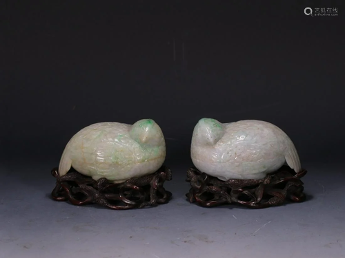 A Pair Of Jadeite Quail-Form Boxes And Covers