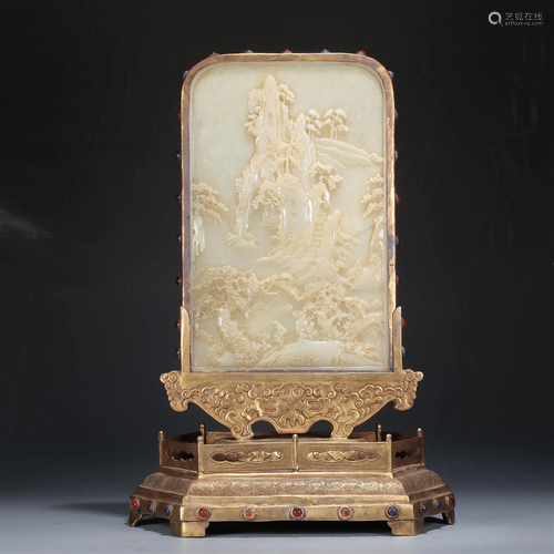 A White Jade 'Landscape' Table Screen With A Gilt-...