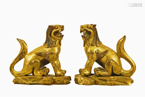 A Pair Of Gilt-Bronze Lions