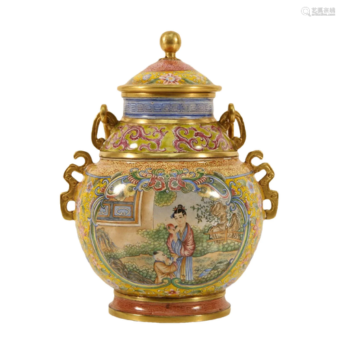 A Bronze Enameled 'Flower& Figure' Jar