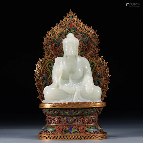 A Hetian White Jade Figure Of Buddha With A Gilt-Silver Stan...