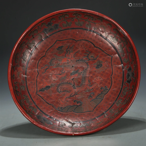 A Fine Red-Lacquered 'Dragon' Dish With Imperial P...