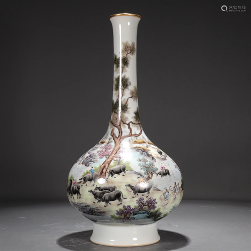 A Famille-Rose 'Cowherd' Long-Necked Vase