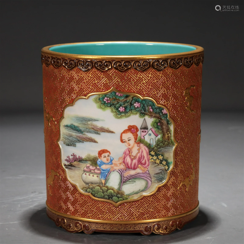 A Red-Ground Gilded 'Figure' Brush Pot