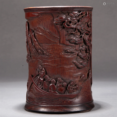 A Bamboo 'Landscape& Figure' Brush Pot