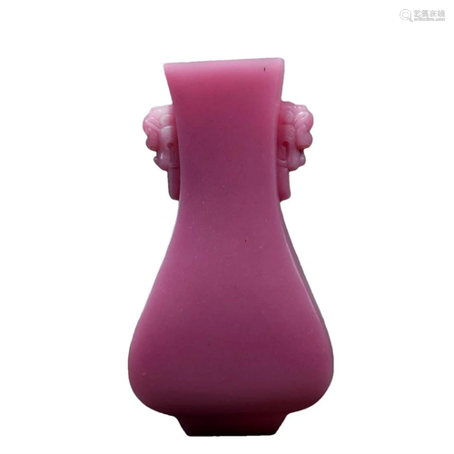 A Pink Glass Lion-Handled Vase