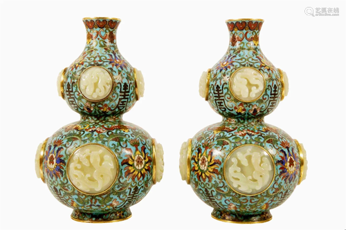 A Pair Of Cloisonne White Jade-Inlaid 'Scrolling Lotus&...