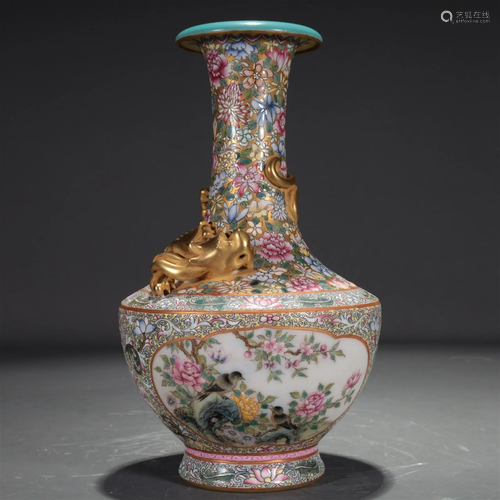 A Famille-Rose 'Flower, Bird, Chilong' Vase