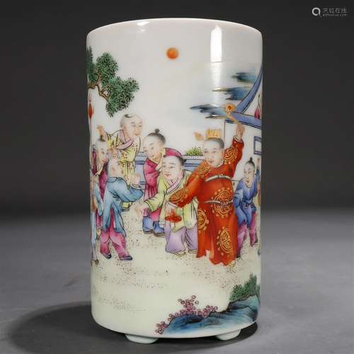 An Enameled Gilded 'Boys At Play' Brush Pot