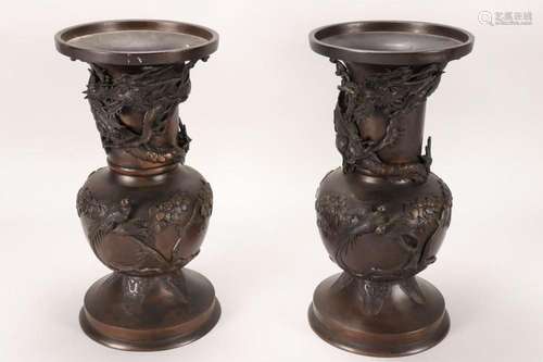 Pair of Japanese Meiji Period Bronze Vases,