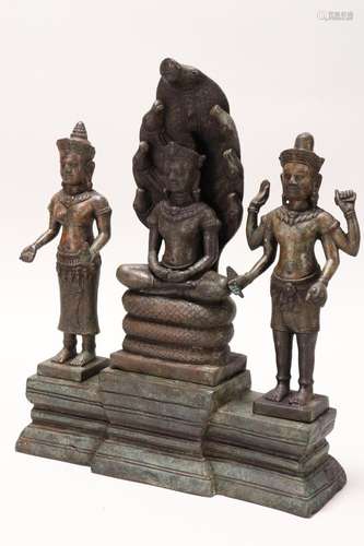 Khmer Bronze Buddhist Triad,