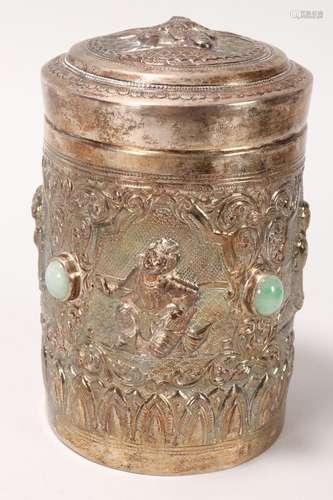 Burmese Silver and Jade Vessel and Cover,