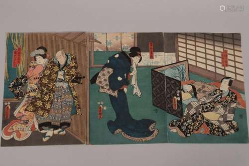 Original Japanese Woodblock Triptych Toyokuni III,