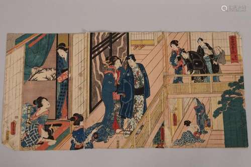 Original Japanese Woodblock Triptych Toyokuni III,