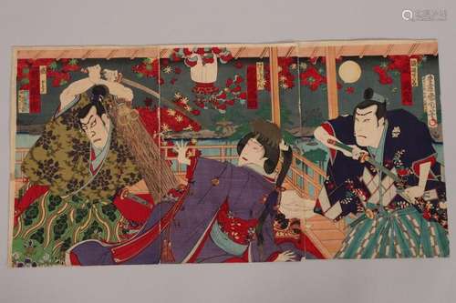 Original Japanese Woodblock Triptych by Kunichika,