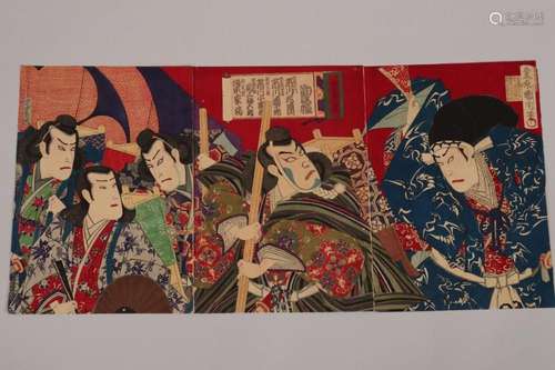 Original Japanese Woodblock Triptych by Kunichika,