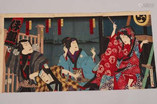 Original Japanese Woodblock Triptych by Kunichika,