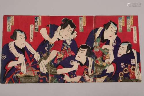 Original Japanese Woodblock Triptych by Kunichika,