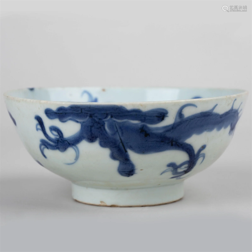 Blue and white bowl with dragon pattern over the wall, Ming,...