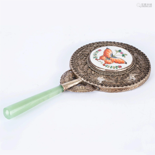 Butterfly Inlaid Silver Mirror with jade handle, QING dynast...