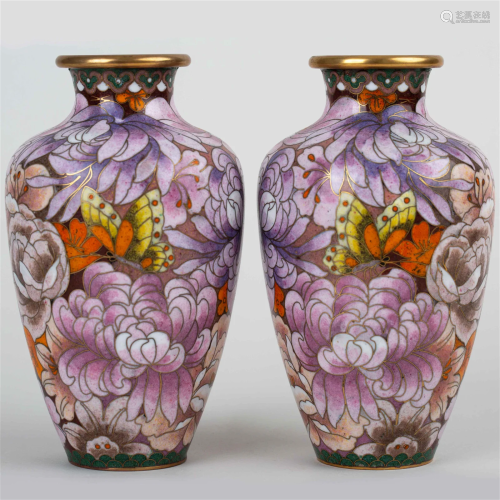 A pair of cloisonne butterfly flower bottles