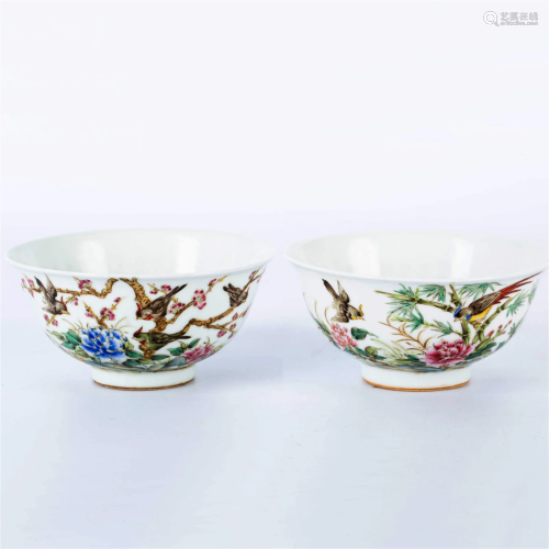 A PAIR OF BOWLS WITH PHOENIX WEARING PEONY AND POETRY PATTER...