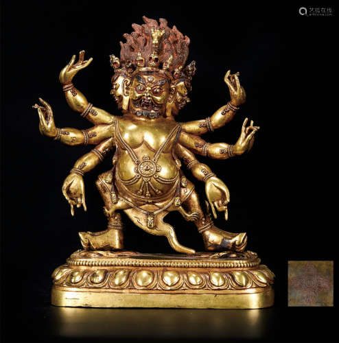 藏传铜鎏金三面六臂玛哈嘎拉