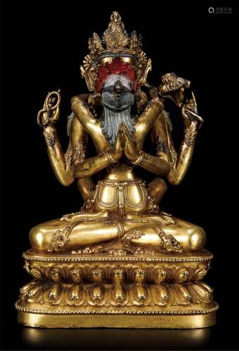 藏传铜鎏金四臂欢喜佛 山西资深佛学藏家提供