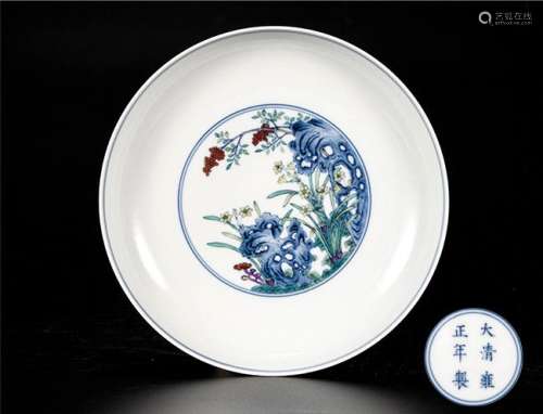 斗彩灵芝花卉盘 早期购于北京拍卖公司