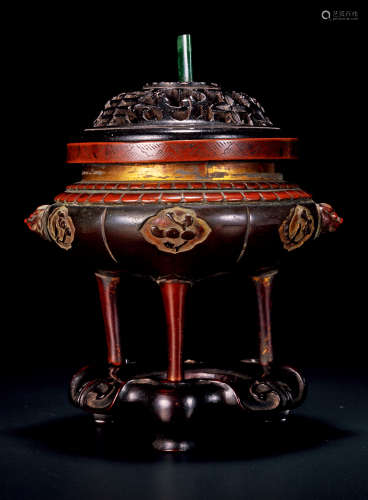 清 銅製獅耳三足爐