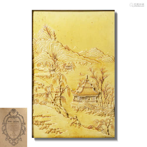 清道光 黄釉雕瓷信马西湖纹挂屏