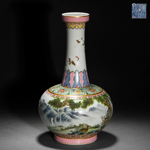 Qing Dynasty,Famille Rose Landscape Appreciation Bottle