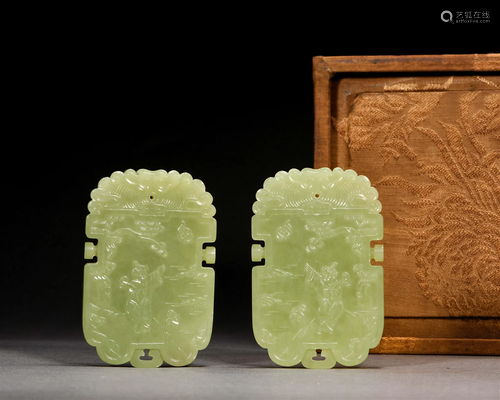 Qing Dynasty,Hetian Yellow Jade Character Brand (a Pair)