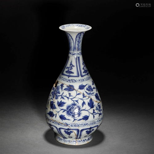 Yuan Dynasty, Blue and White Flower Jade Pot Spring Bottle