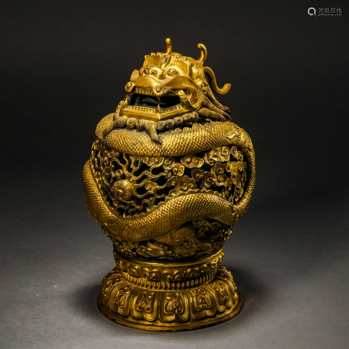 Qing Dynasty, Gilt Lion Head Aromatherapy