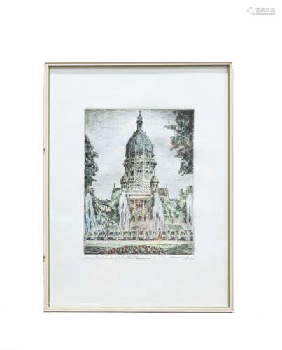 1984 德国当代画家孤本版画∣教堂风景手工上色版画 唯一一幅 版画...