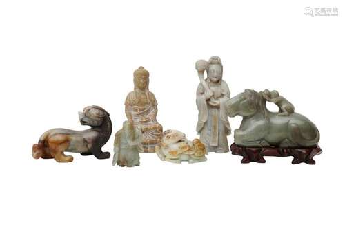 SIX CHINESE JADE CARVINGS. Comprising a pale celadon jade fi...