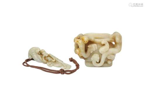 A CHINESE PALE CELADON JADE 'QILONG' CUP AND PENDANT. The fl...